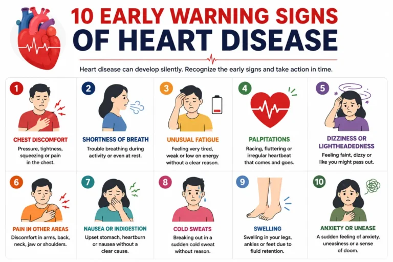 Infographic showing 10 early warning signs of heart disease