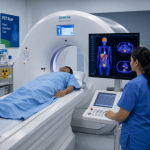 patient undergoing a PET/CT scan in a modern diagnostic imaging department
