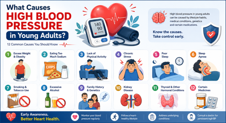 Causes of high blood pressure in young adults including lifestyle factors and medical conditions