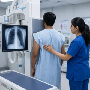 A patient undergoing a digital X-ray with a chest X-ray displayed on the monitor.
