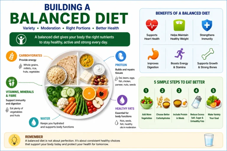 Balanced Indian meal with vegetables, dal, whole grains, fruit and curd